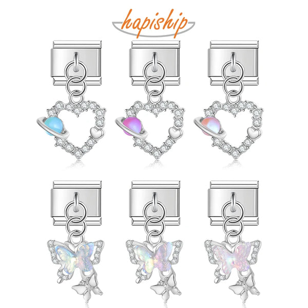 Charms italianos con circonita cúbica y forma de mariposa y corazón de Hapiship DJ1164 