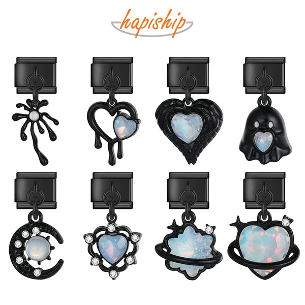 Charm de circonita cúbica con forma de luna y cruz en forma de corazón negro de Hapiship DJ1370 